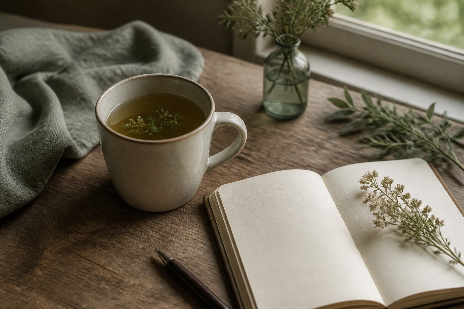 Tasse et carnet près d’une fenêtre